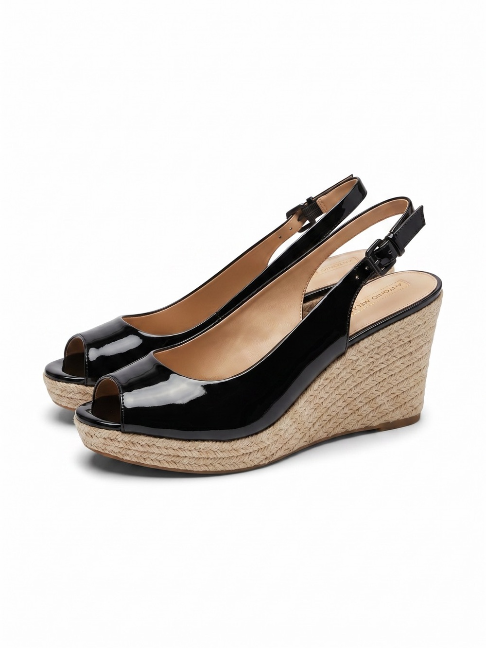 Antonio Melani Black Patent Leather Jute Wedge Peep Toe Buckle Strap Sandal Shoe